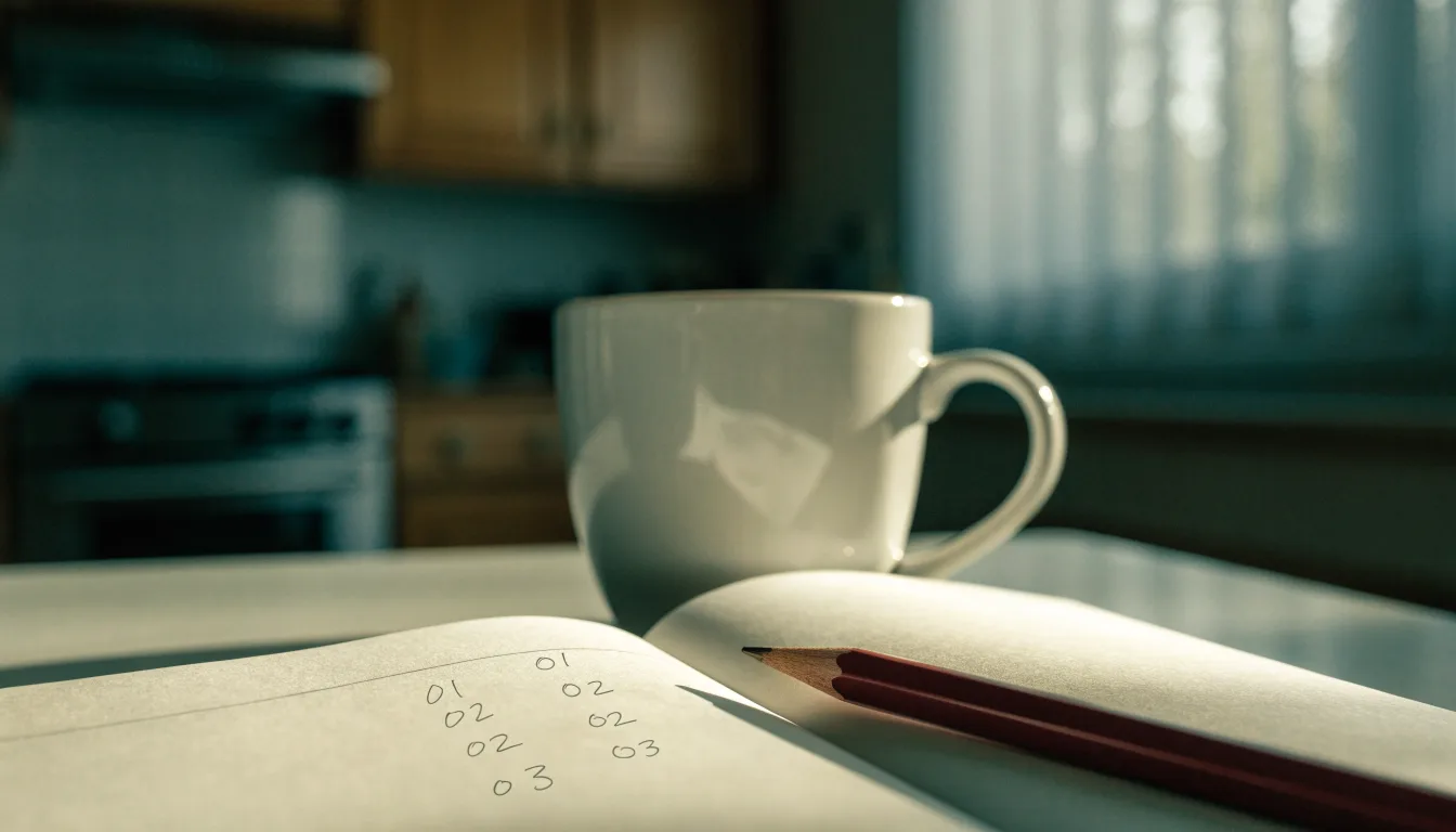Ein Notizbuch mit handschriftlichen Zahlenreihen und ein Bleistift liegen auf einem Küchentisch neben einer Tasse.