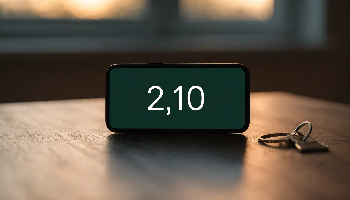Ein Smartphone mit dunklem Display liegt auf einem Holztisch, daneben ein Schlüsselbund, im Hintergrund ein Fenster mit Abendlicht.