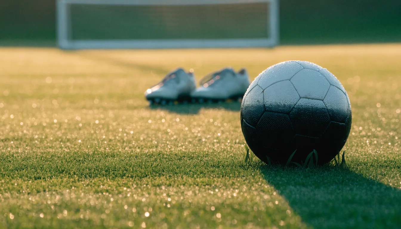 Ein Fußball auf frisch gemähtem Rasen im Morgenlicht, daneben ein Paar Fußballschuhe ohne erkennbare Marke.
