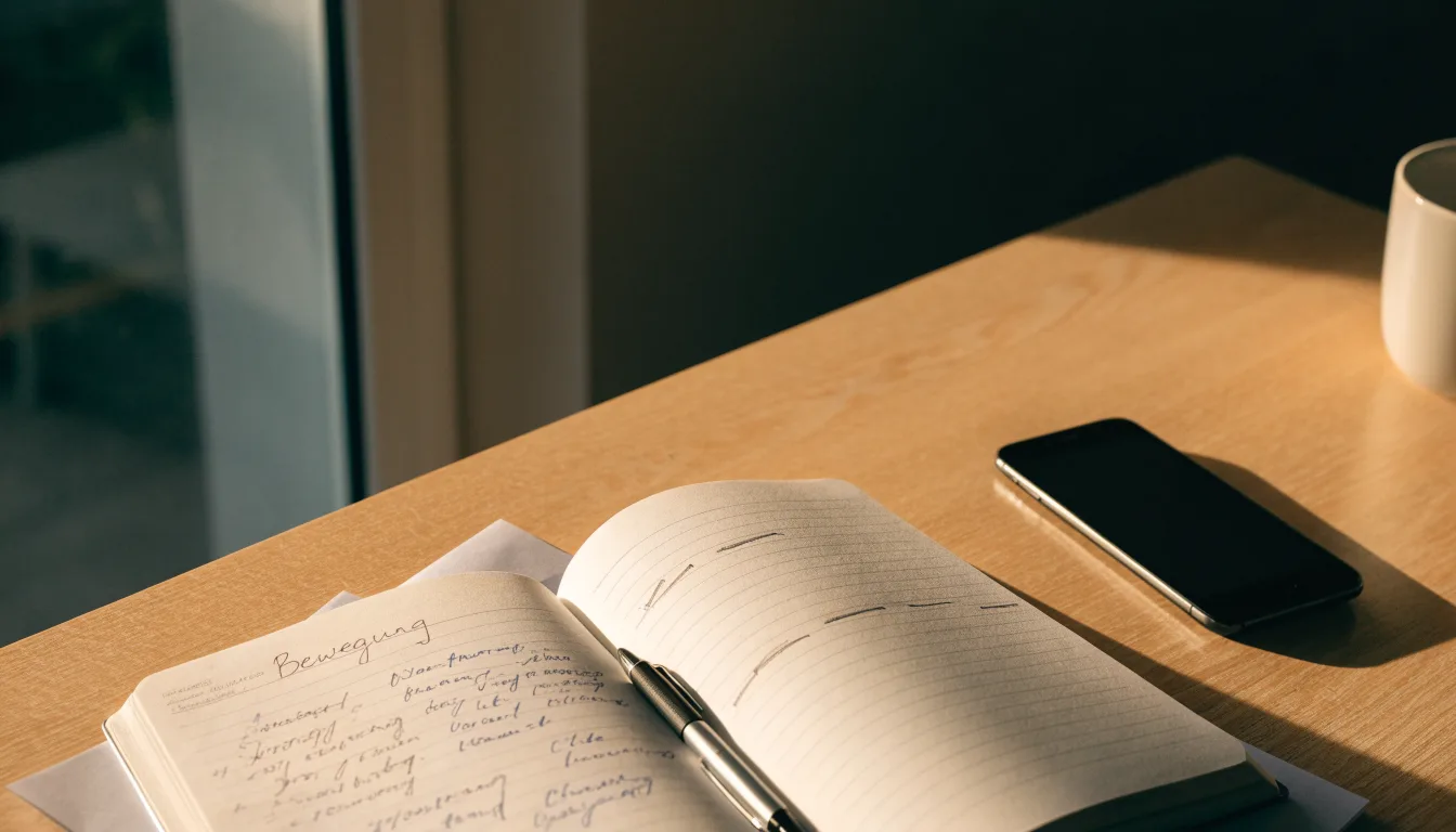 Ein Notizbuch mit handgeschriebenen Zahlen und ein Kugelschreiber liegen auf einem Tisch, daneben ein Smartphone mit schwarzem Bildschirm.
