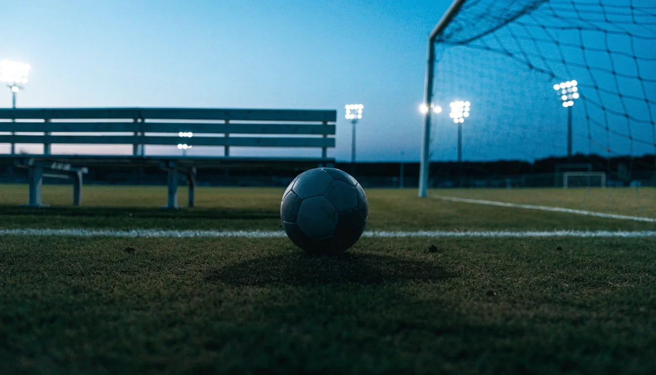 Ein Fußball liegt am Spielfeldrand neben einer leeren Ersatzbank, das Flutlicht über dem Platz leuchtet in der Dämmerung.