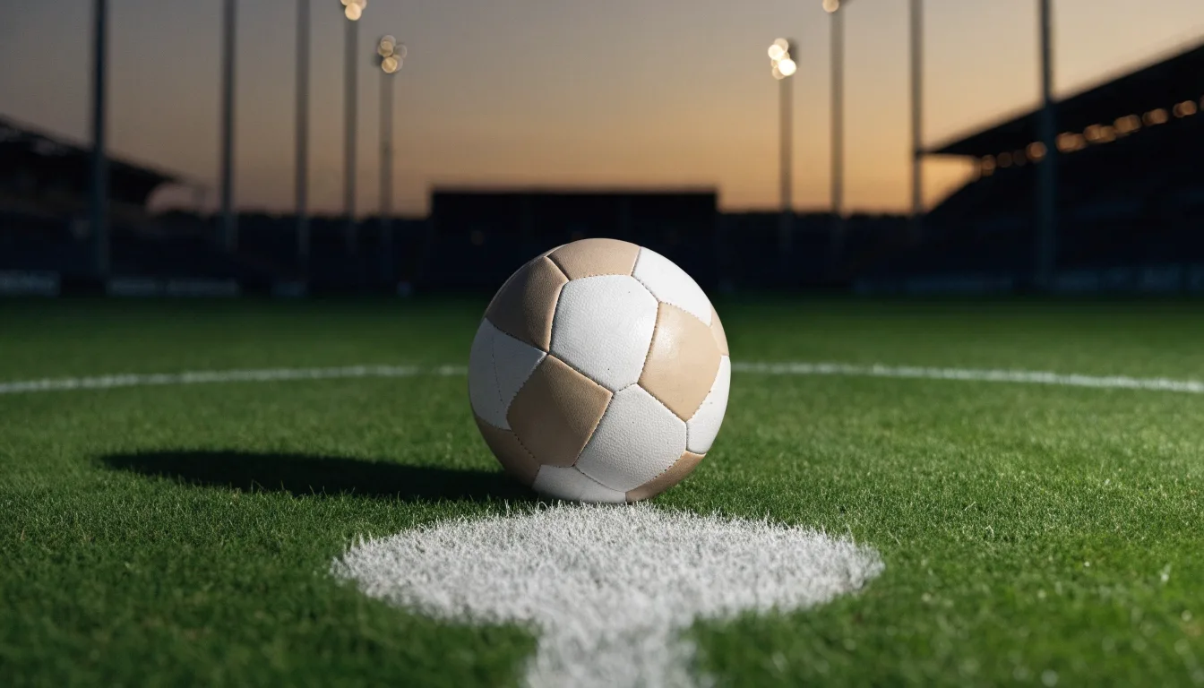 Ein Fußball liegt auf dem Anstoßpunkt eines Rasenplatzes in der Abenddämmerung, Flutlichtmasten stehen unscharf im Hintergrund.