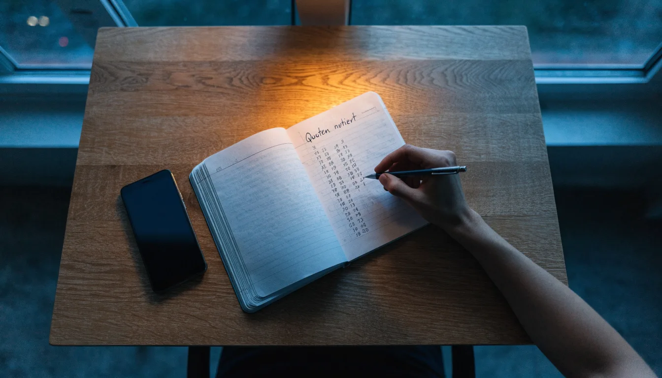 Ein Notizbuch mit handschriftlichen Zahlen liegt neben einem Smartphone mit dunklem Display auf einem Tisch, im Fenster Dämmerlicht.