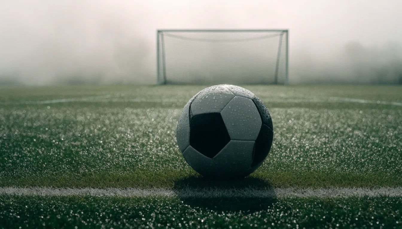Ein Fußball liegt auf dem Elfmeterpunkt eines nassen Rasenplatzes, im Hintergrund ein leeres Tor im Nebel.
