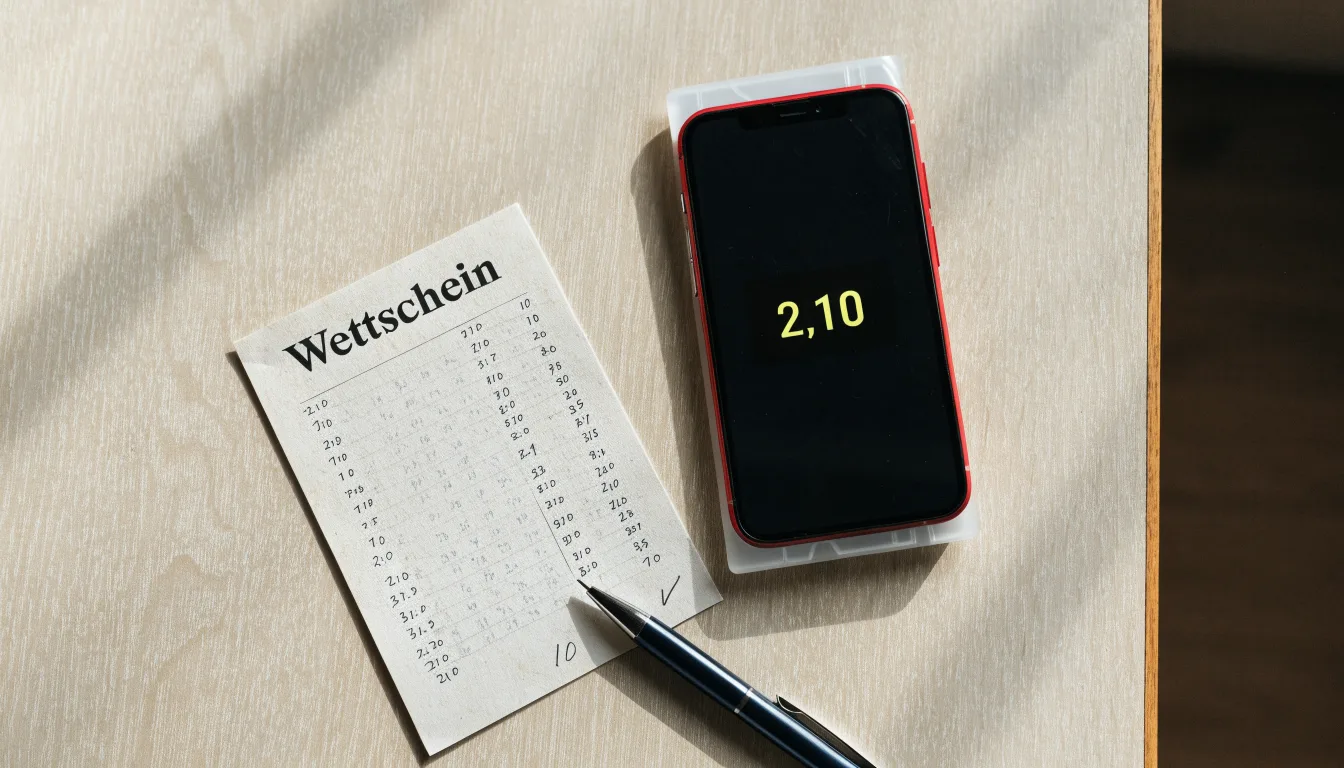 Ein leerer Papier-Wettschein und ein Kugelschreiber liegen auf einem Holztisch neben einem schwarzen Smartphone.