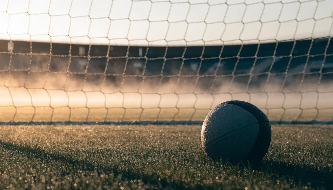 Ein Fußball liegt auf dem Rasen vor einem Tor im Morgennebel, die Netzmaschen sind taufeucht.