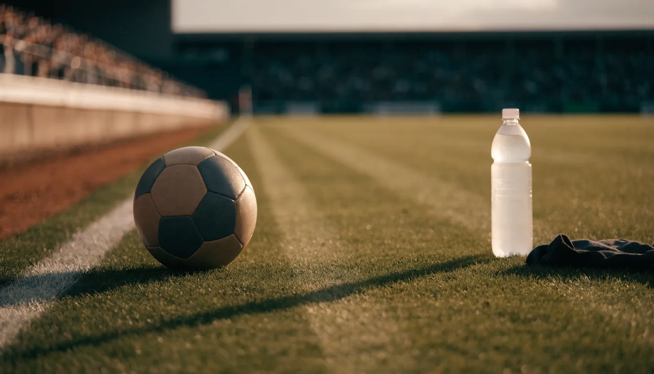 Ein Fußball auf einer Wiese neben der Seitenlinie, daneben eine Trinkflasche ohne Aufdruck und ein Handtuch.