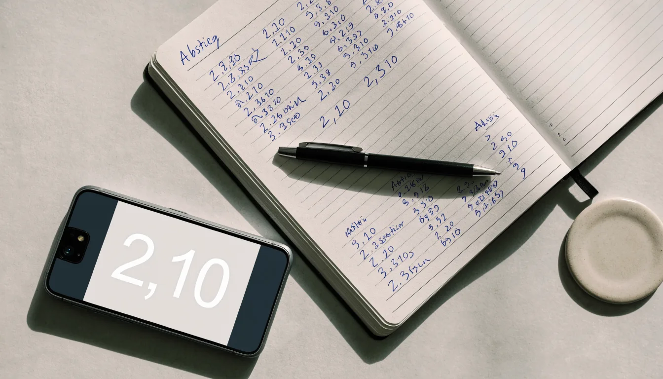 Ein Notizbuch mit handschriftlichen Notizen und ein Taschenrechner liegen auf einem Schreibtisch neben einem Smartphone mit dunklem Display.