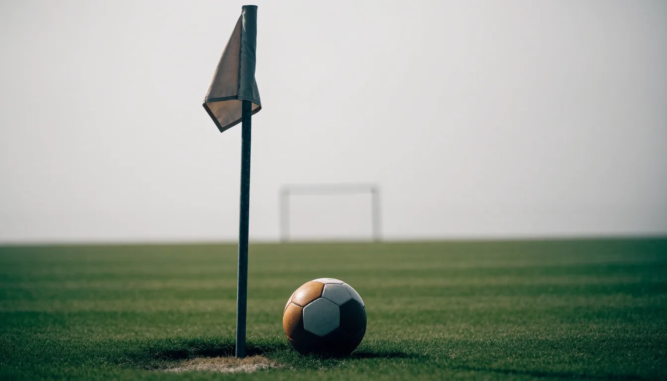 Ein Fußball liegt neben einer Eckfahne auf kurz gemähtem Rasen unter bewölktem Himmel.