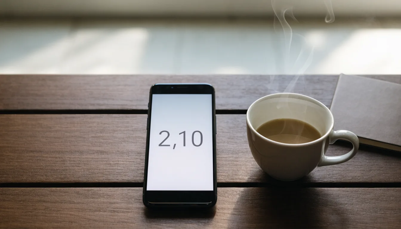 Ein Smartphone liegt mit schwarzem Display neben einer Kaffeetasse und einem Notizblock auf einem Café-Tisch.