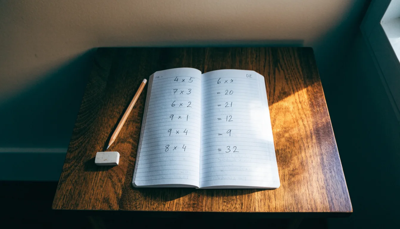 Ein Notizbuch mit handschriftlichen Multiplikationen liegt aufgeschlagen auf einem Holztisch, daneben ein Bleistift und ein Radiergummi.