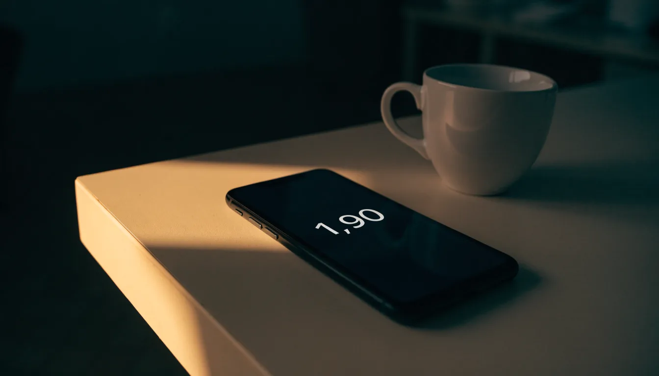 Ein Smartphone mit dunklem Display liegt neben einer Kaffeetasse auf einem Schreibtisch, durch das Fenster fällt Abendlicht.