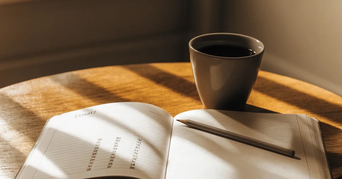 Ein aufgeschlagenes Notizbuch mit handgezeichneten Spalten und Strichen liegt neben einem Bleistift und einer Kaffeetasse auf einem Tisch am Morgen.