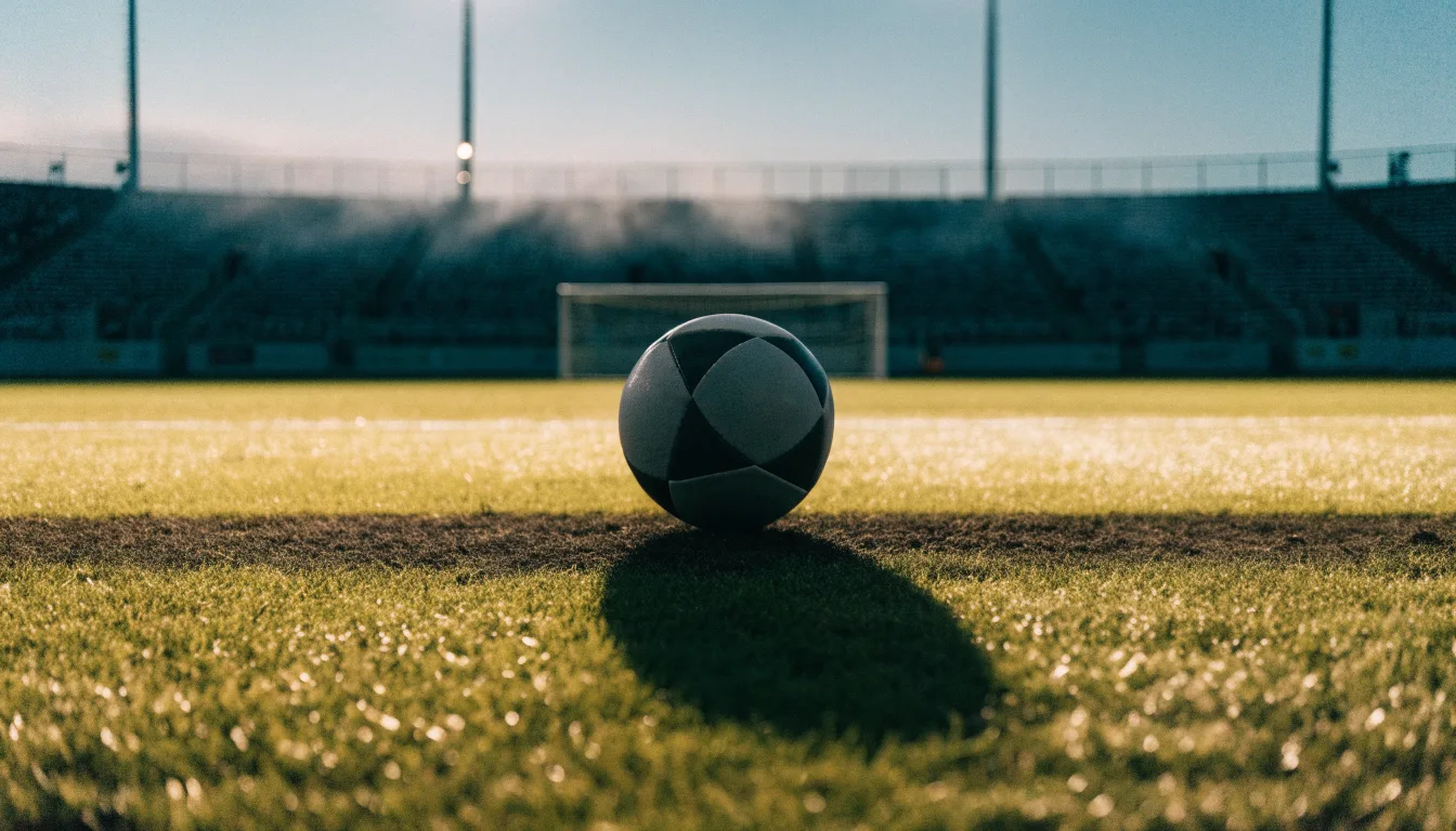Ein Fußball liegt auf einem Rasenplatz in der Dämmerung, im Hintergrund ein ferner Stadionrand unter Flutlicht.