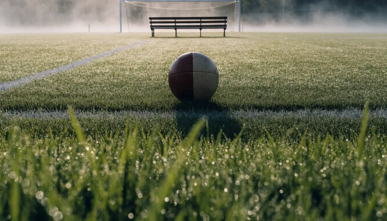 Ein Fußball liegt in der Mitte eines leeren Rasenplatzes im Morgennebel, am Rand steht eine einzelne Auswechselbank.